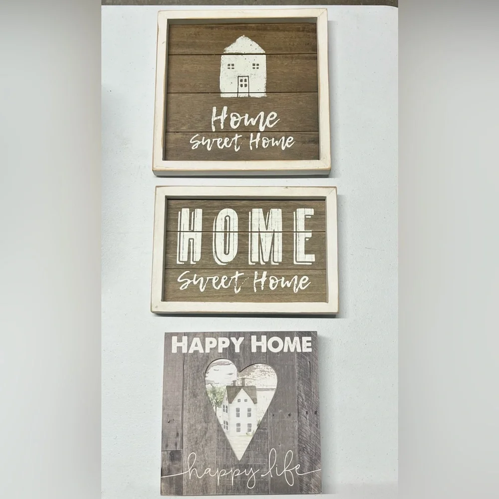 Rustic Distressed Primitive Brown and White 'Home Sweet Home' Wall Art Set of 3